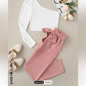One shoulder top & paperbag waist belted pants set